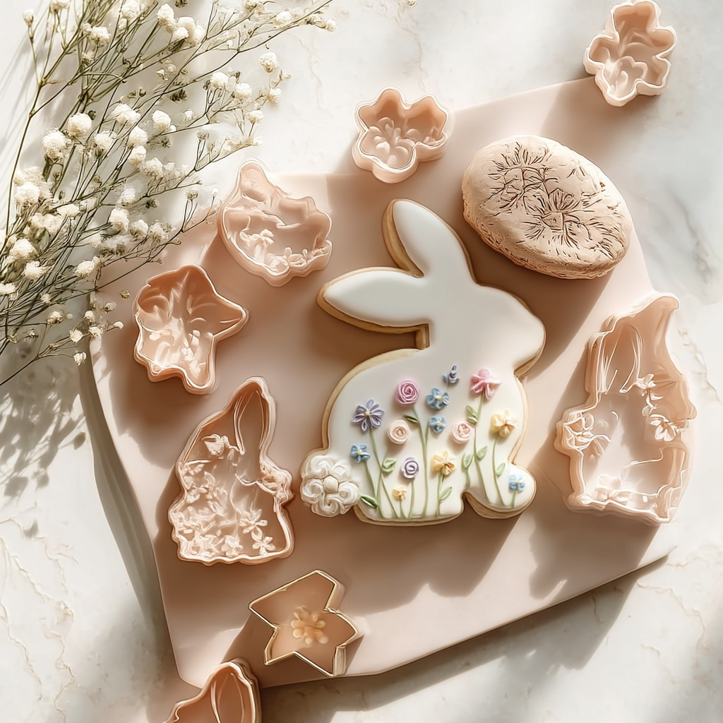 Emporte-pièces de Pâques avec biscuit lapin décoré de fleurs pastel