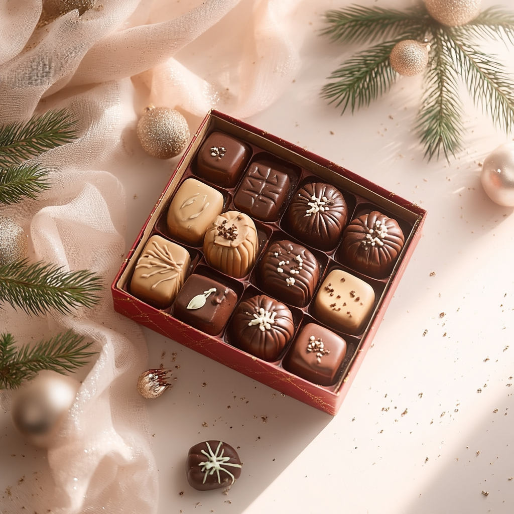 Assortiment de chocolats de Noël dans un coffret cadeau