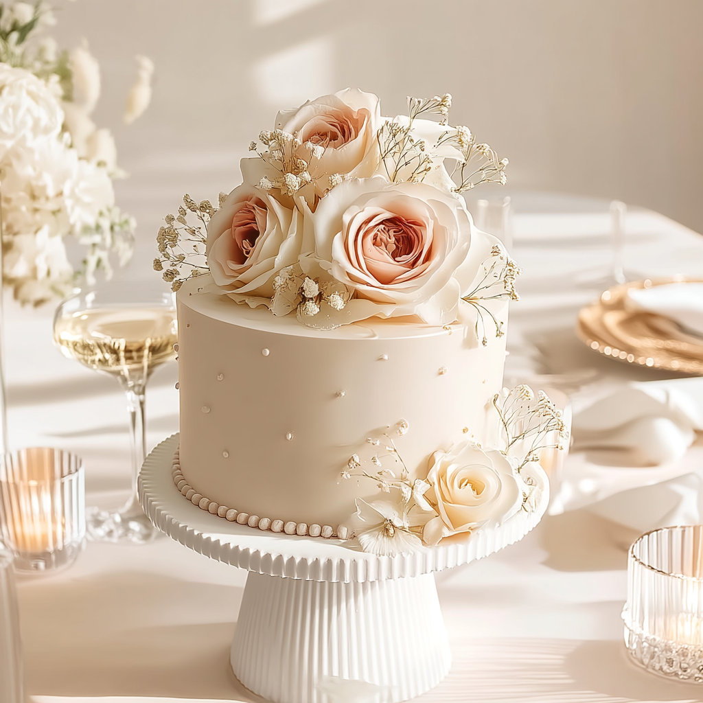 Gâteau de mariage blanc élégant décoré de roses poudrées et de fleurs délicates