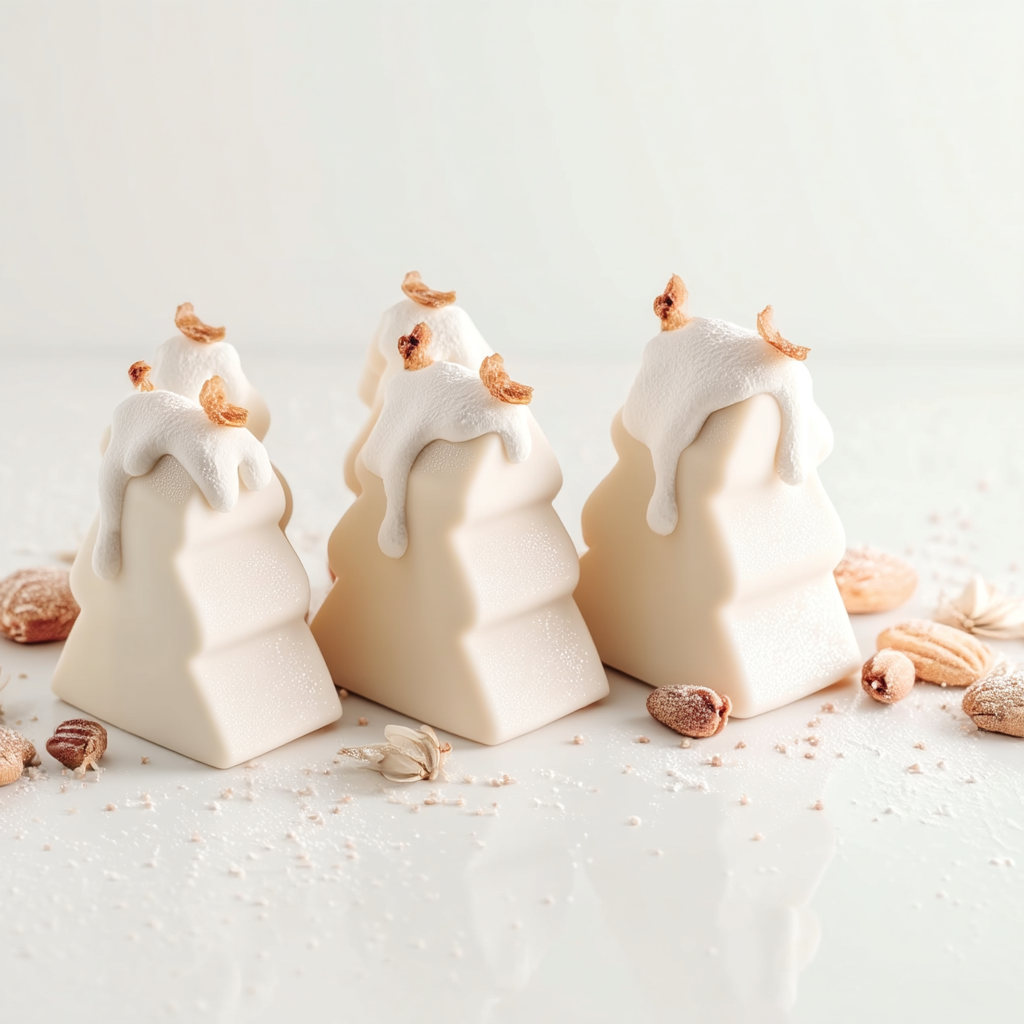 Entremets individuels en forme de sapin avec finition velours blanc