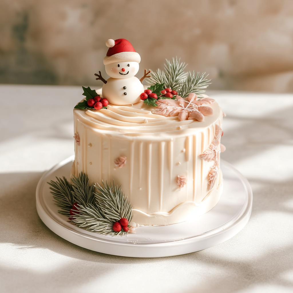 Gâteau de Noël décoré avec bonhomme de neige, houx et branches de sapin