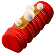 Bûche rouge effet velours avec décor strié et boules blanches