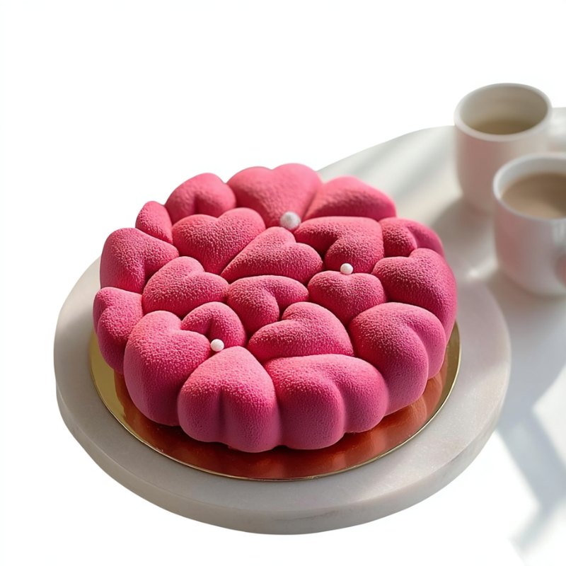 Entremets rose texturé en forme de fleur avec finition velours