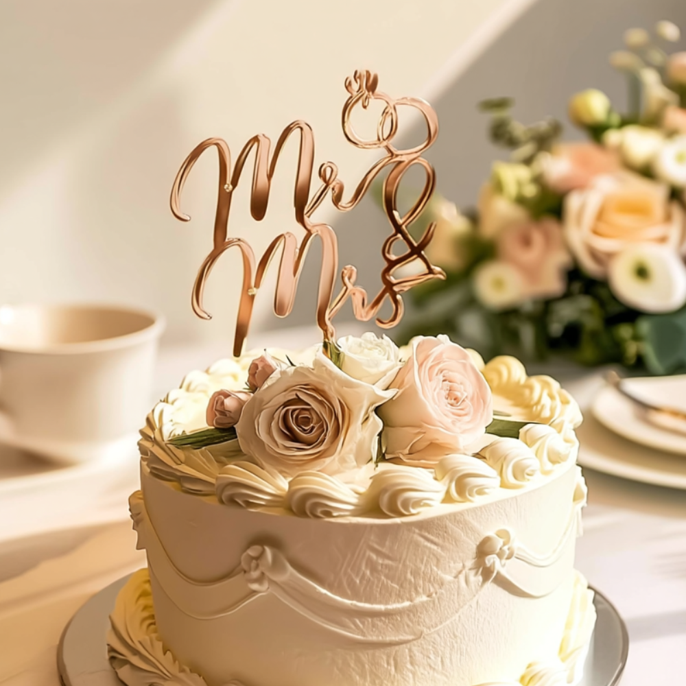 Gâteau de mariage élégant décoré de roses avec topper « Mr & Mrs » doré