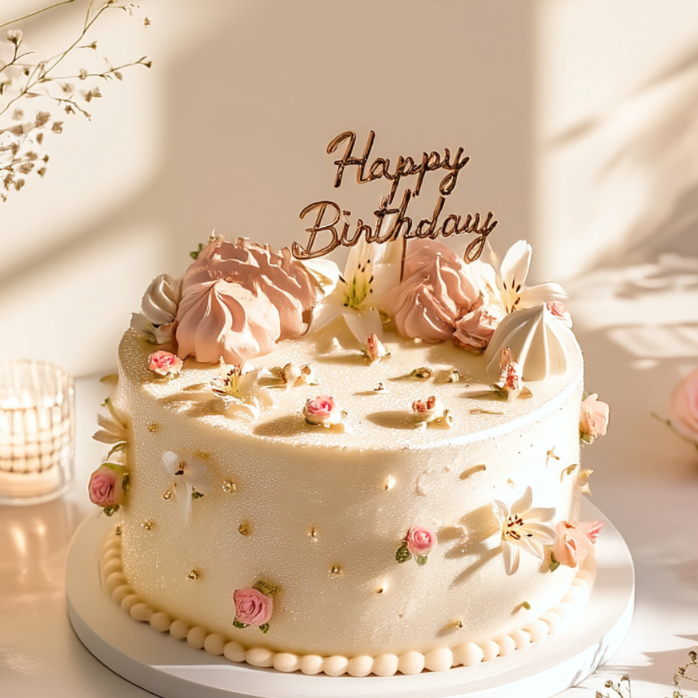Gâteau d’anniversaire élégant décoré de fleurs roses et blanches avec topper « Happy Birthday »