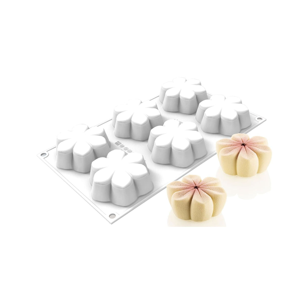 Moule silicone 6 empreintes en forme de fleur avec exemples d’entremets