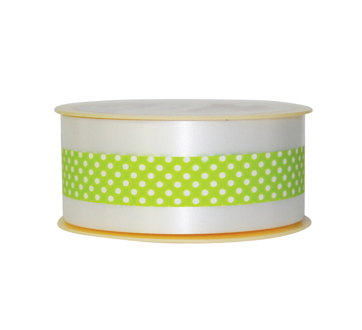 Ruban décoratif vert à pois blancs sur bobine, idéal pour emballages cadeaux et décorations
