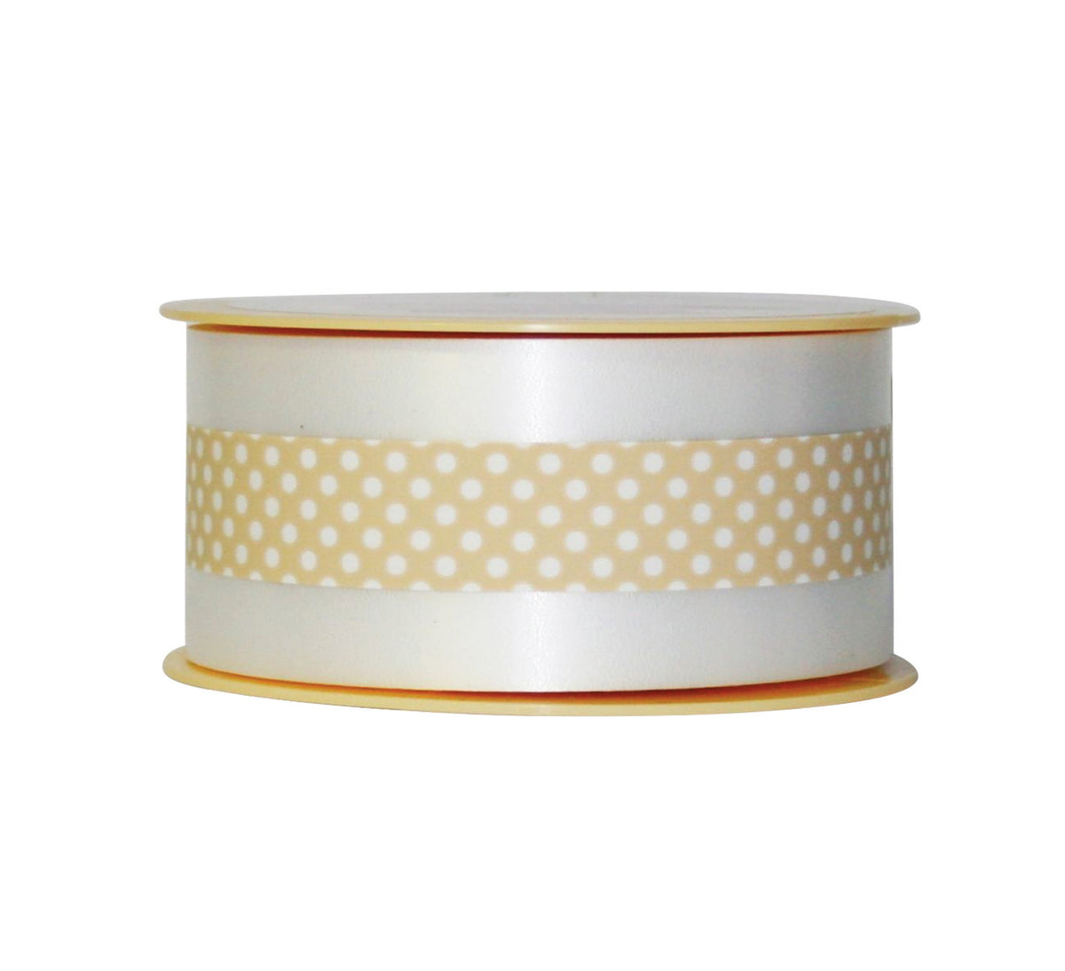 Ruban décoratif beige à pois blancs sur bobine, idéal pour emballages cadeaux et décorations
