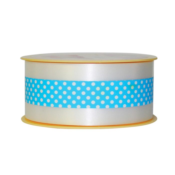 Ruban décoratif bleu à pois blancs sur bobine, idéal pour emballages cadeaux et décorations
