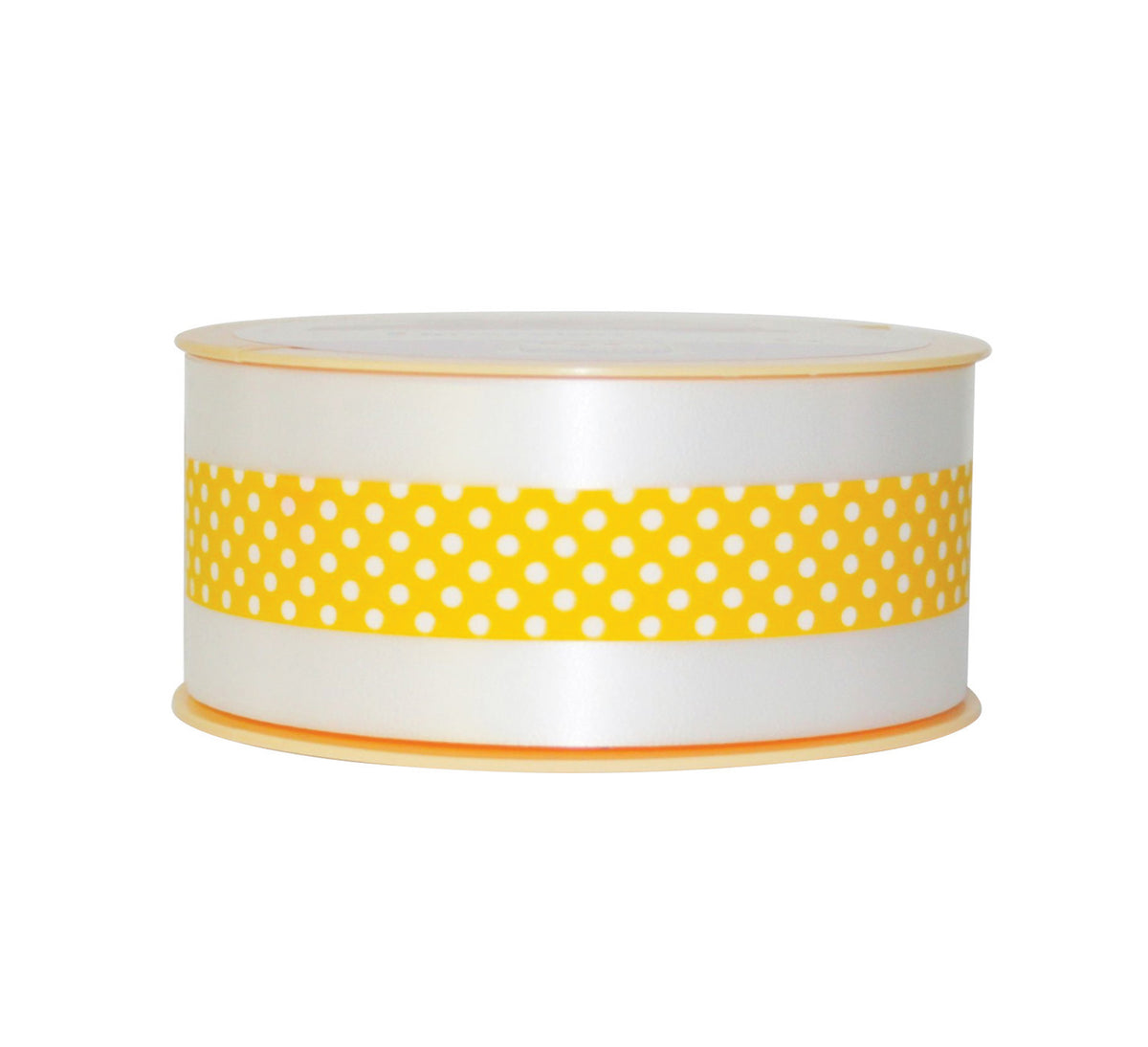 Ruban décoratif jaune à pois blancs sur bobine, idéal pour emballages cadeaux et décorations
