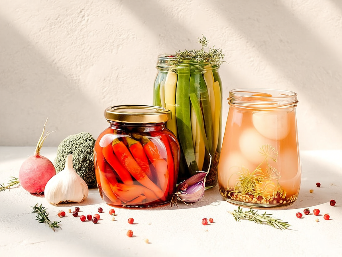 Légumes variés en bocaux de conservation avec aromates