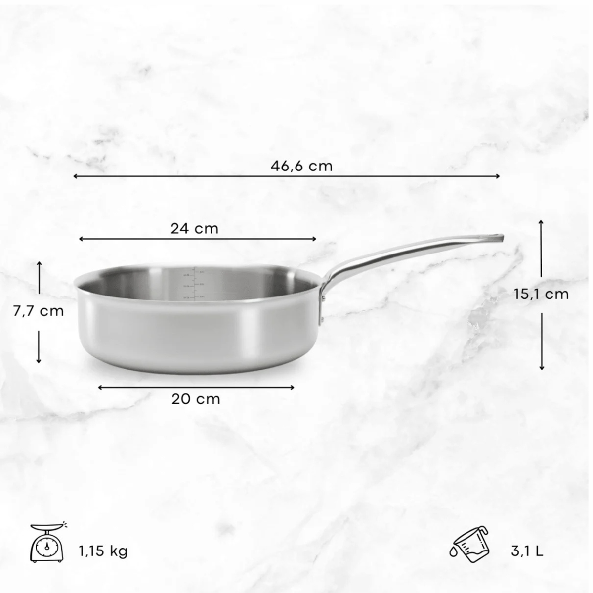 Dimensions de la sauteuse en inox De Buyer 24 cm