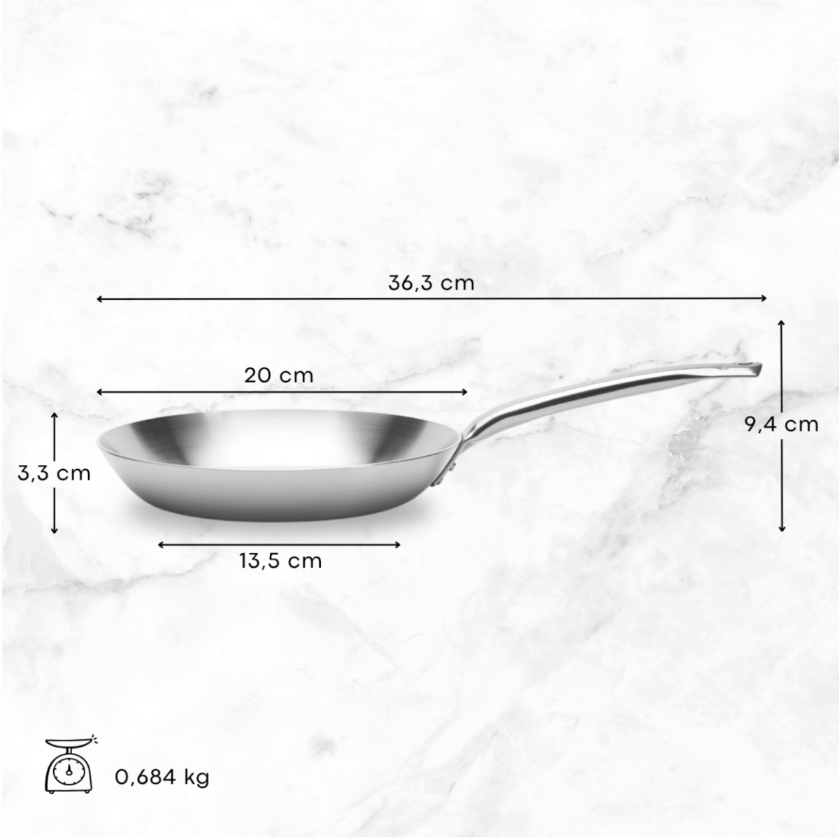 Dimensions de la poêle en inox De Buyer 20 cm