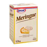 Boîte rectangulaire beige Ancel avec inscriptions marron et illustration de meringue
