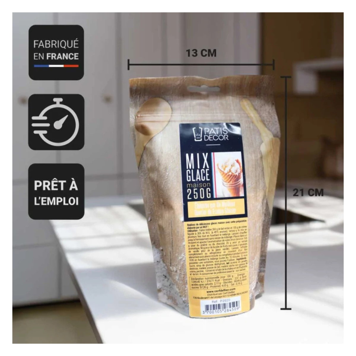 Sachet de préparation pour glace maison Patisdécor 250 g, format 13 × 21 cm