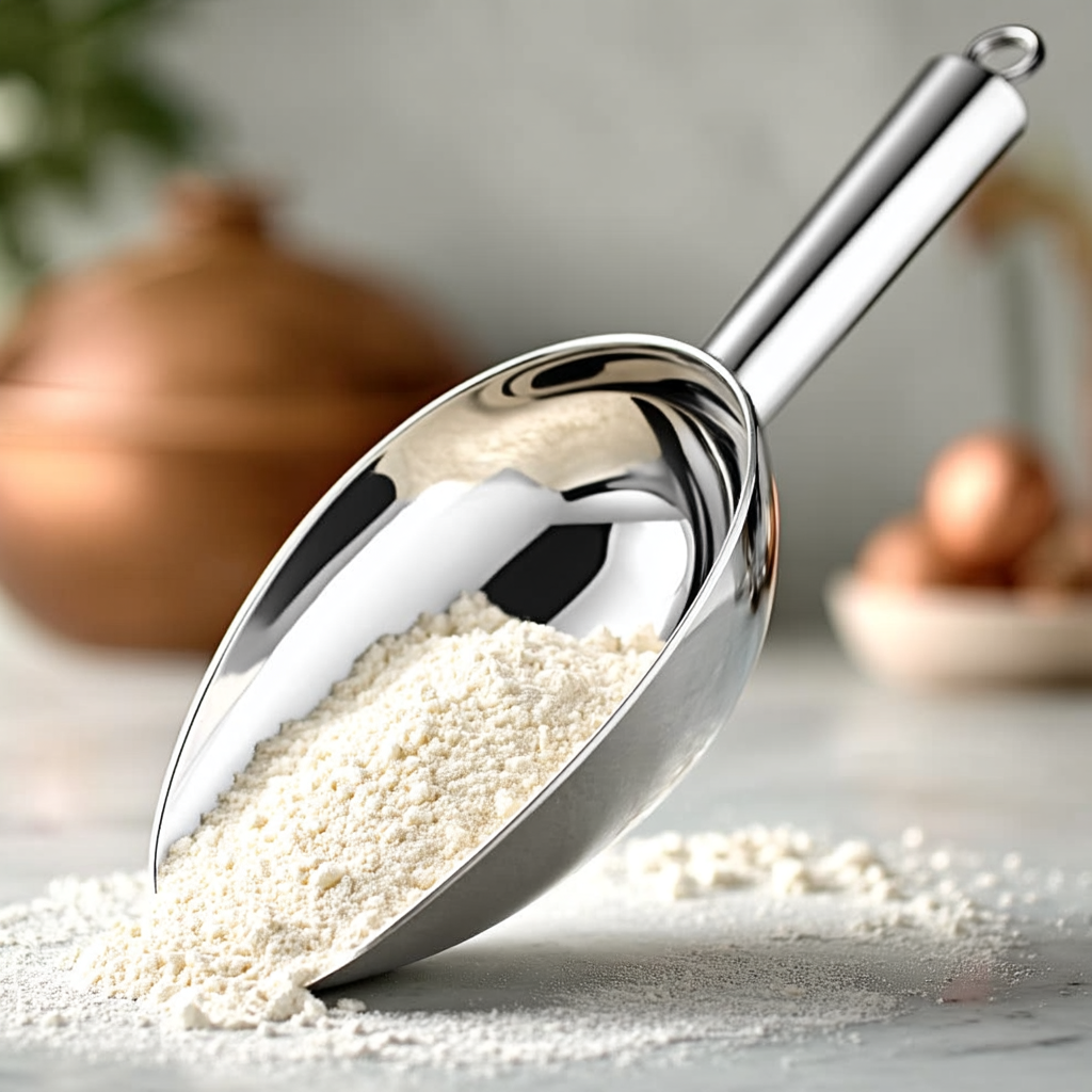 Pelle doseuse en inox remplie de farine