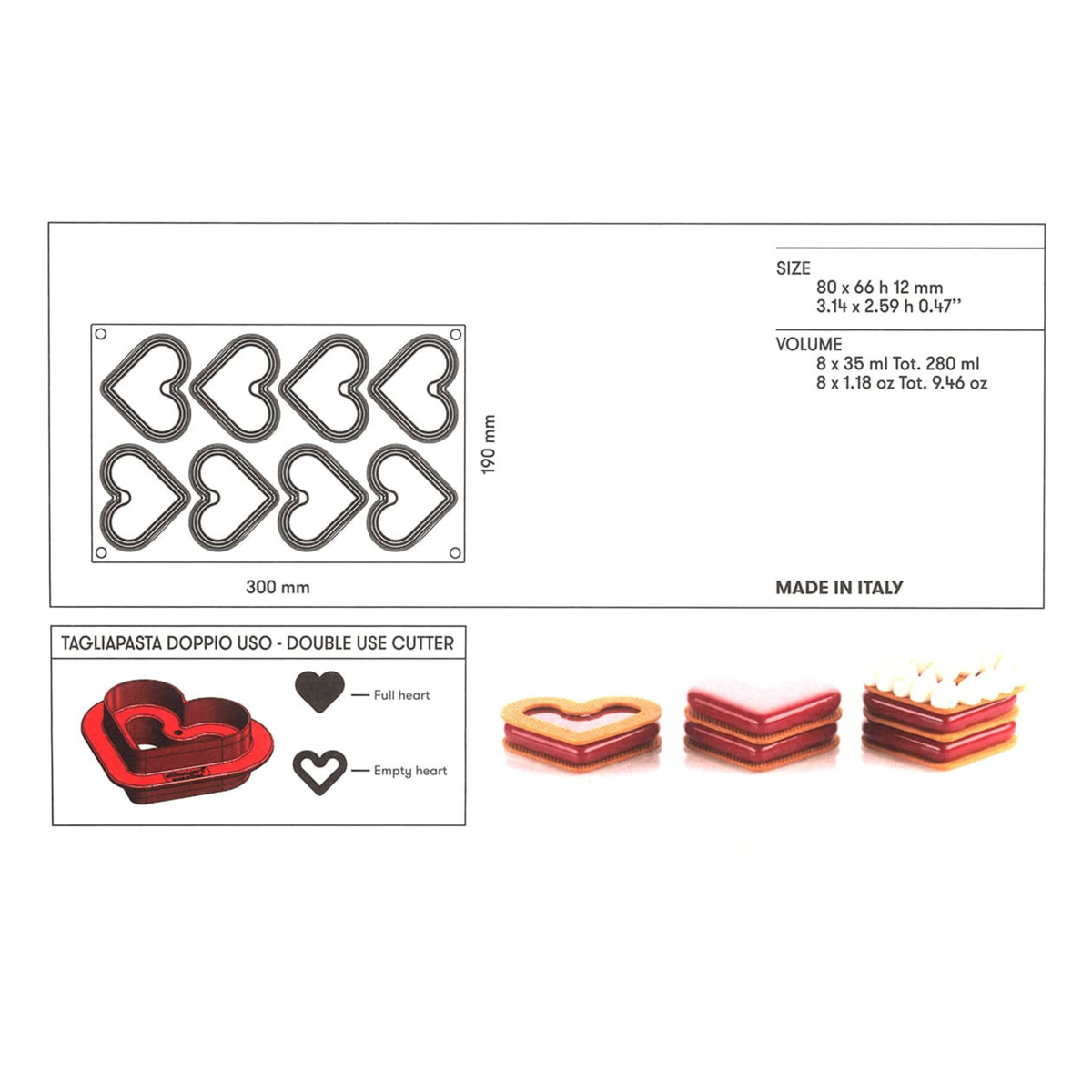 Dimensions moule en silicone 8 cœurs 80 x 66 x 12 mm