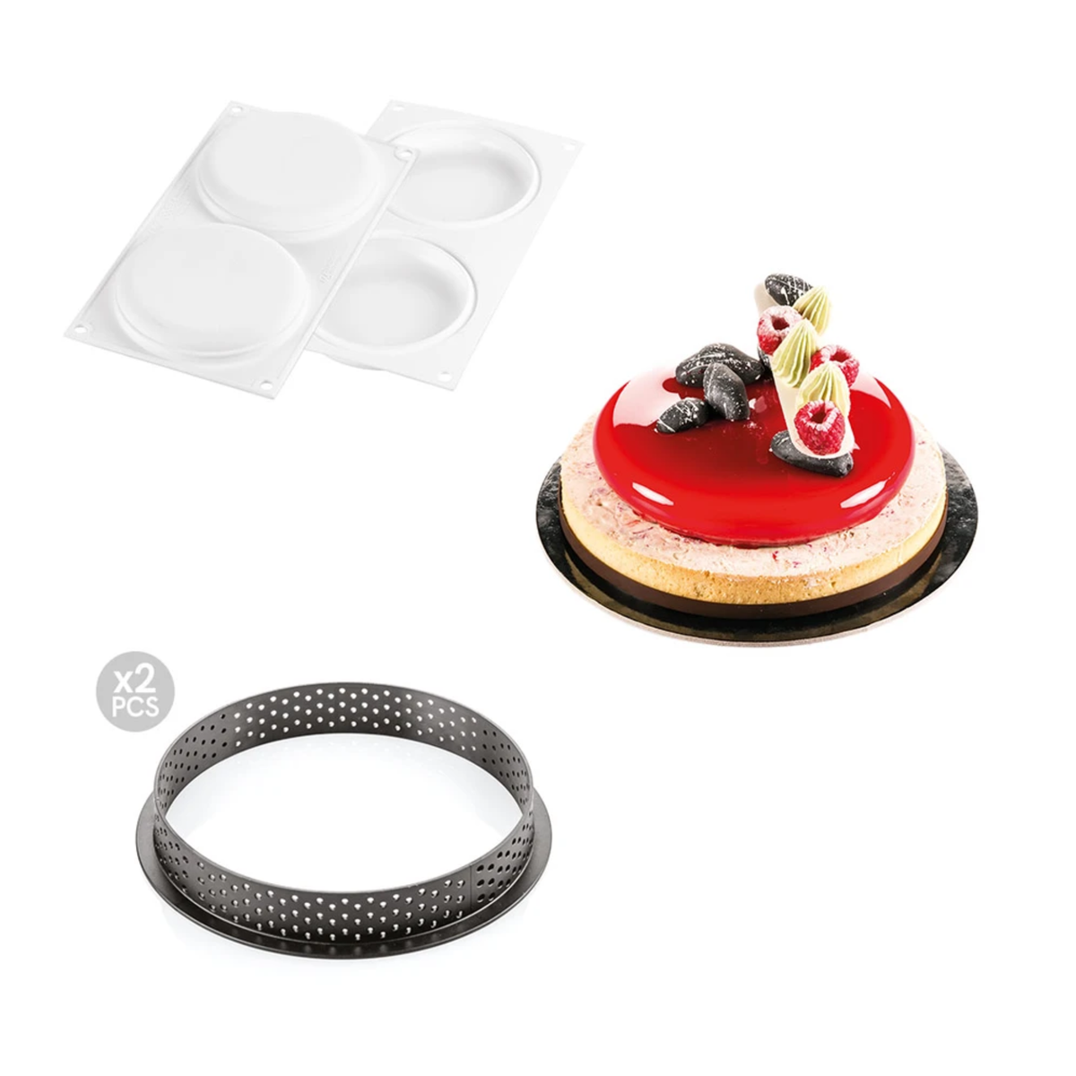 Kit moule rond et cercles perforés avec entremets framboise