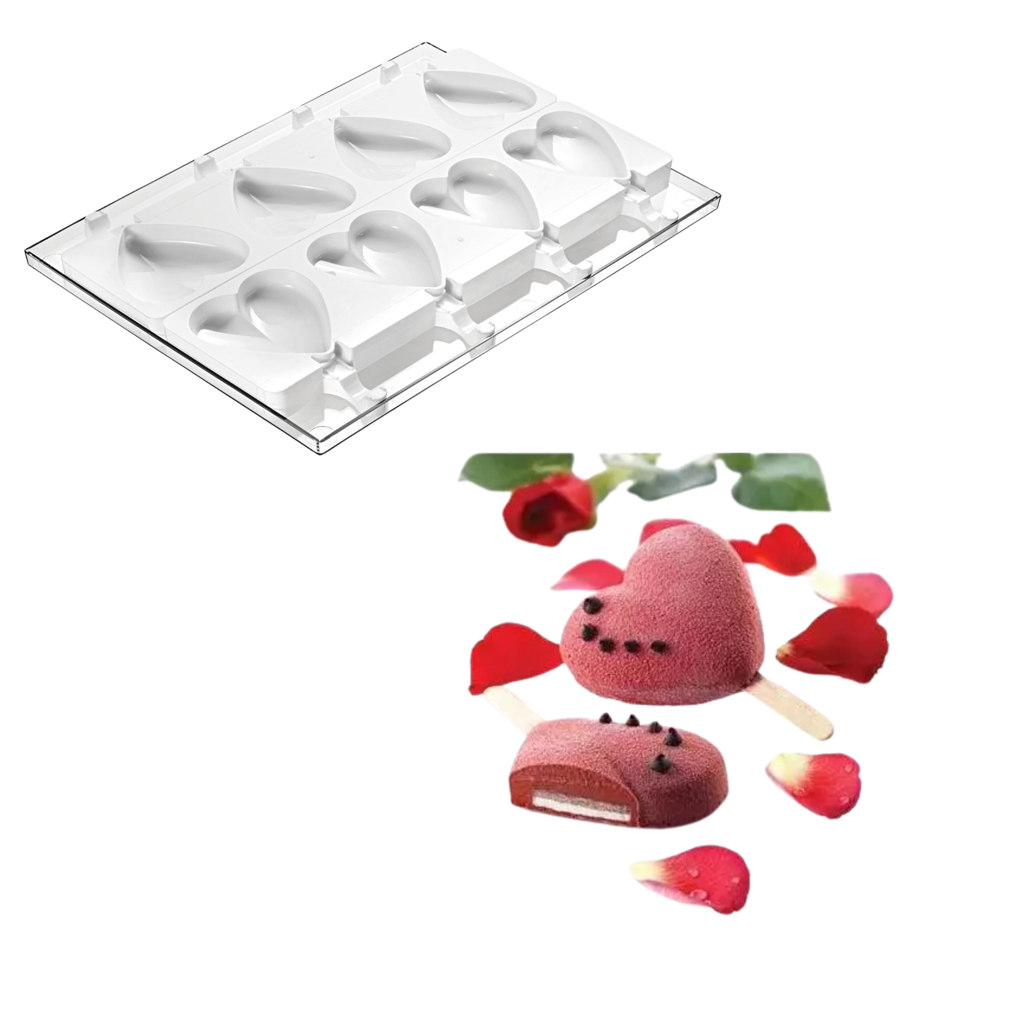Silikomart - Moule Silicone Glaces 8 Esquimaux Coeur avec 50 Bâtonnets