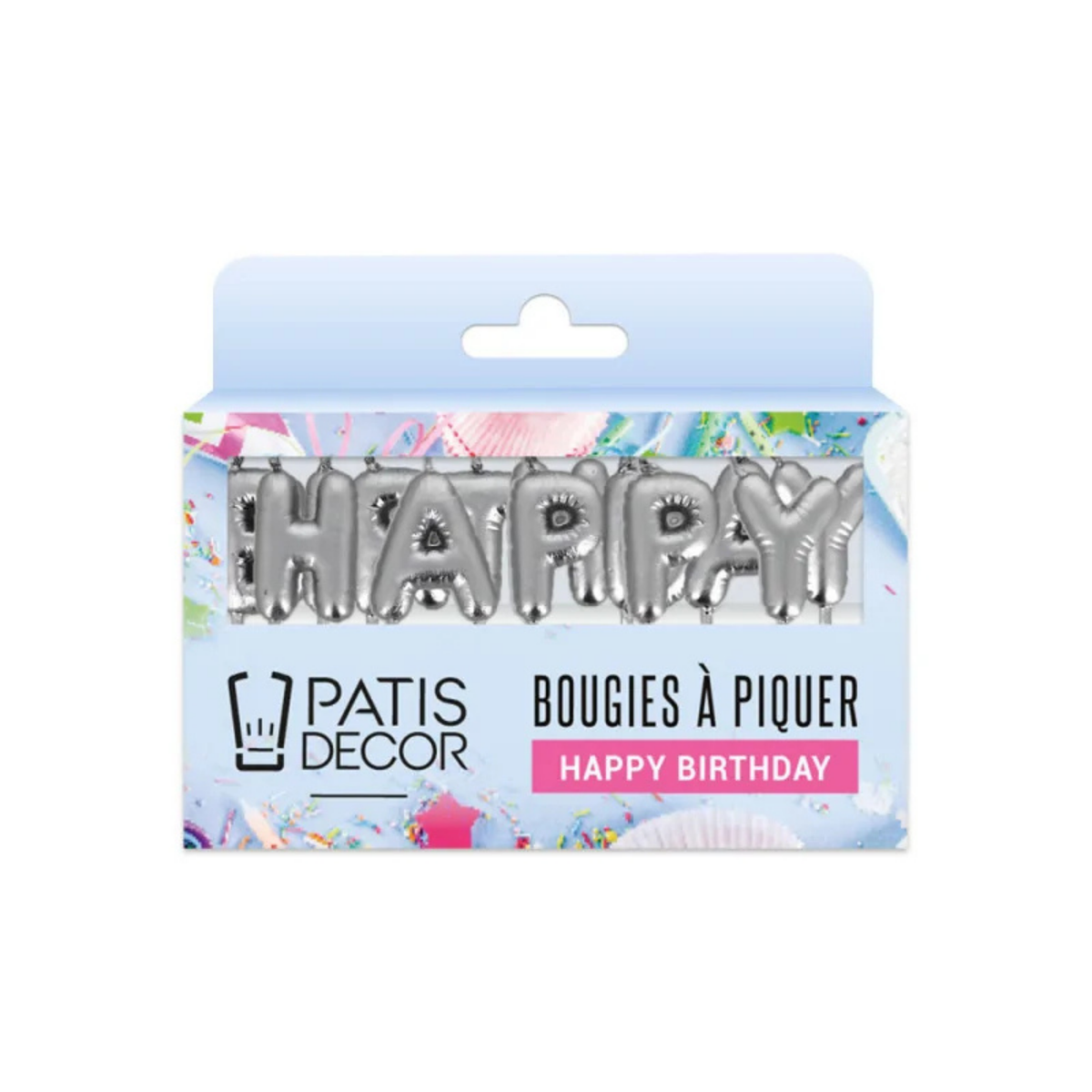 Emballage des bougies à piquer « Happy Birthday » argentées Patisdecor