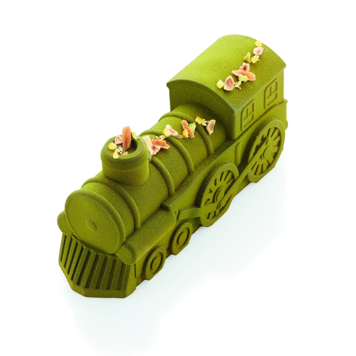 Bûche de Noël en forme de locomotive verte avec effet velours