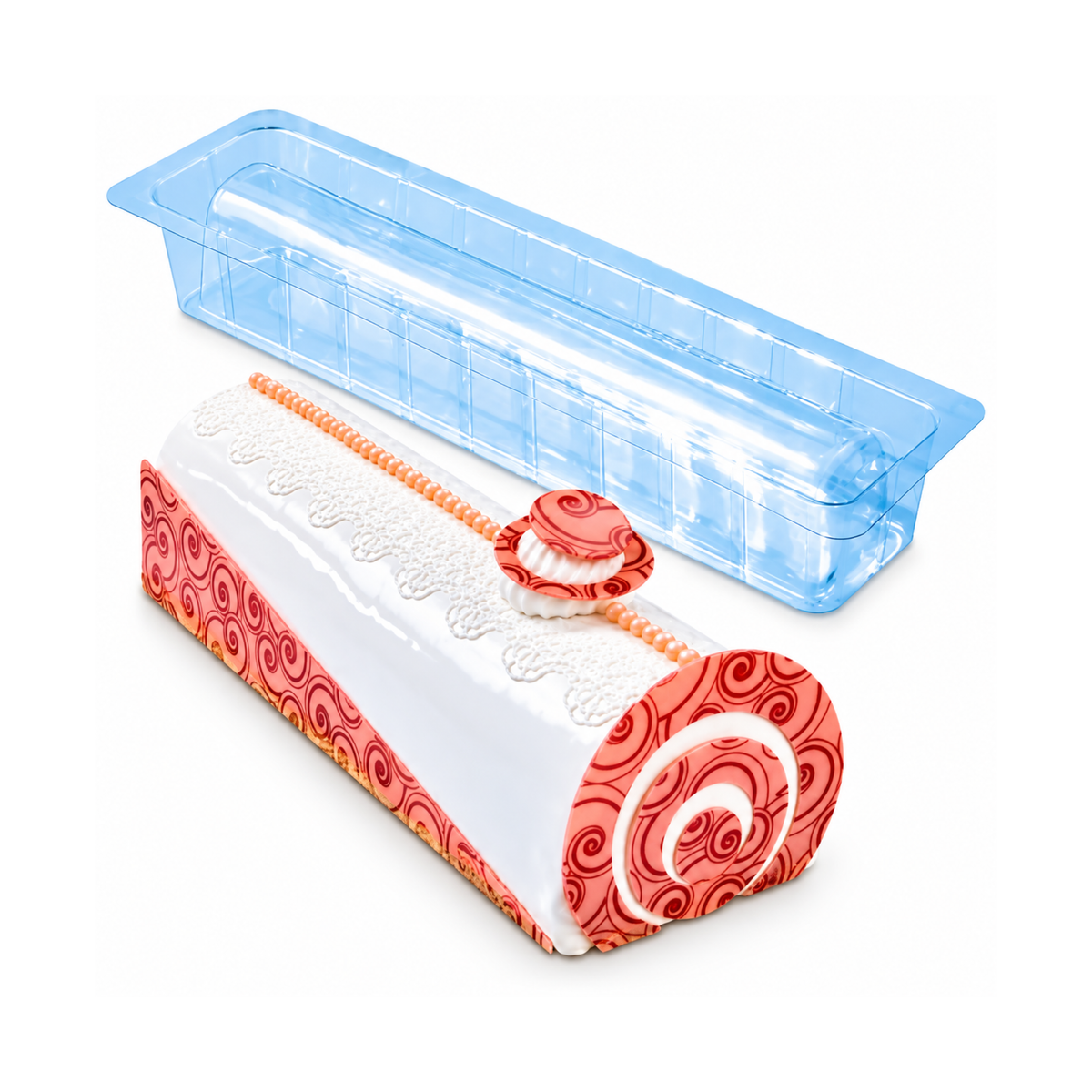 Moule à bûche demi-rond transparent accompagné d'une bûche pâtissière blanche décorée de spirales roses et de motifs en chocolat.