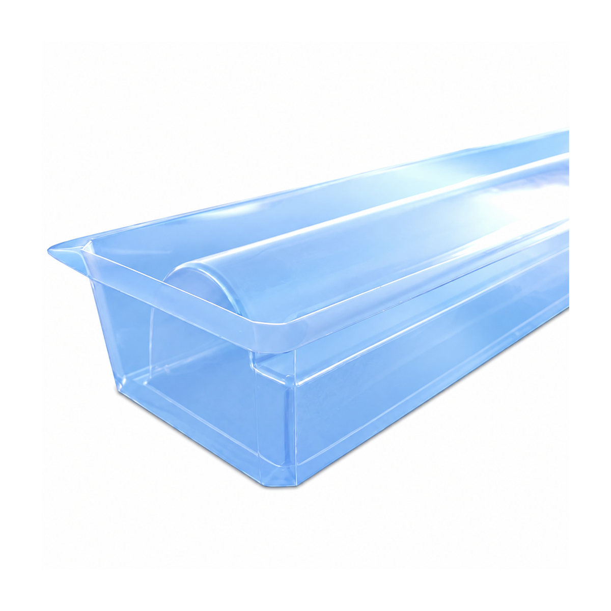 Moule à bûche de Noël Sofa transparent, de forme allongée et arrondie, présenté sur fond blanc.