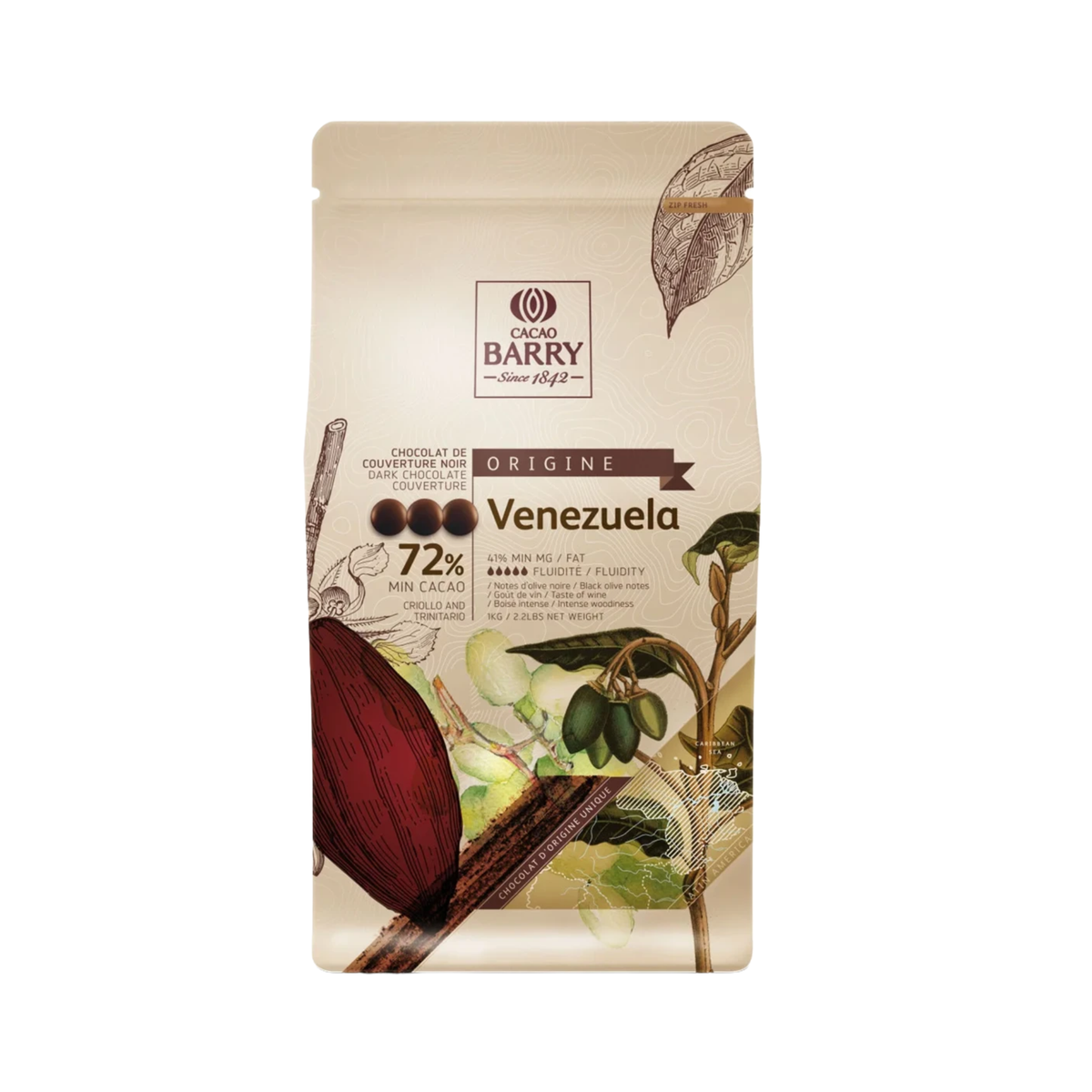 un paquet de Chocolat noir Venezuela 72% 1kg Cacao Barry 