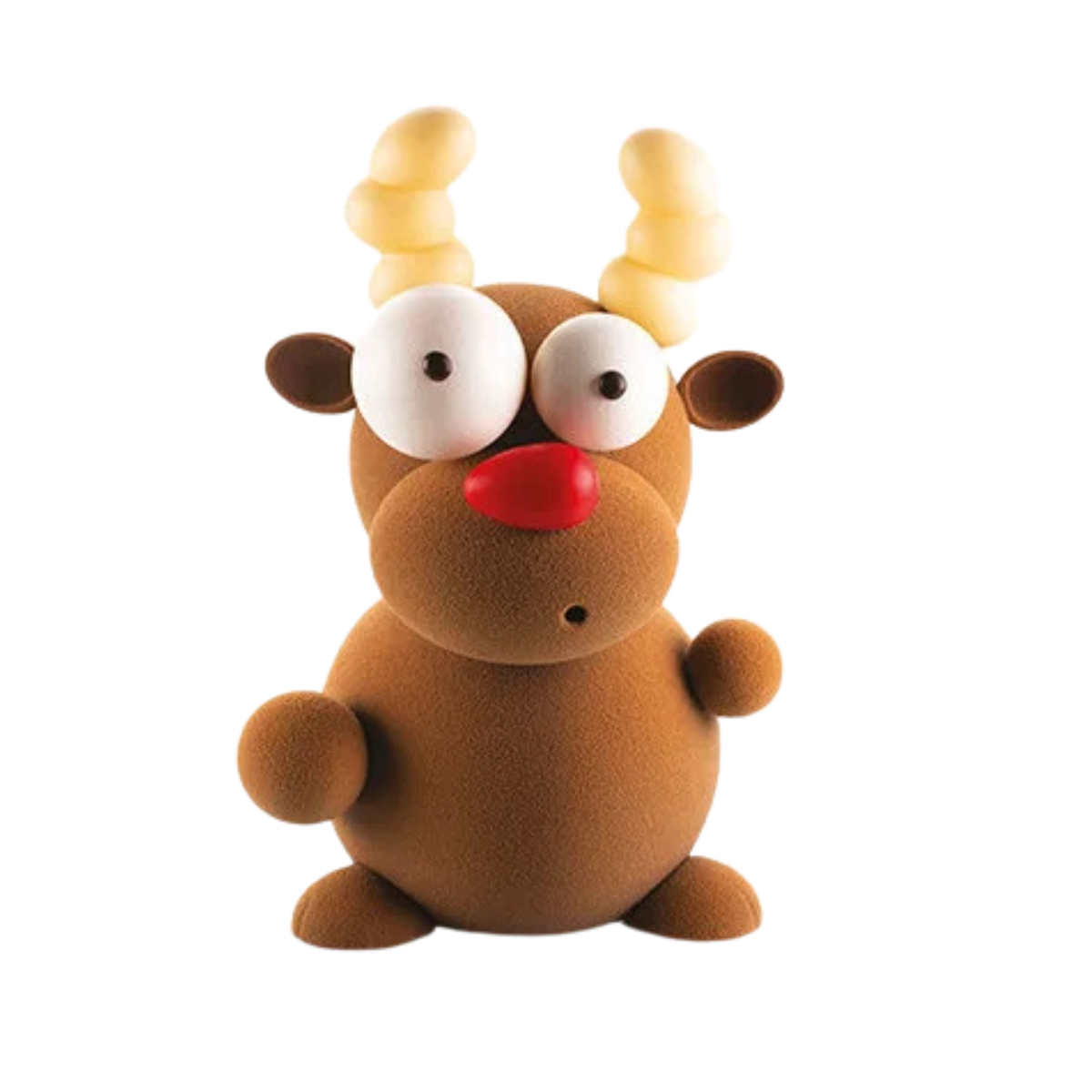 Renne de Noël en pâtisserie marron avec grands yeux blancs, nez rouge, bois beige et petites pattes arrondies.