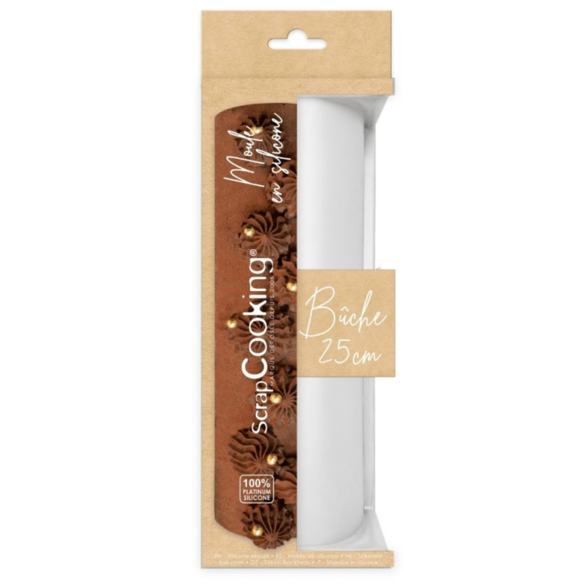 Moule à bûche de Noël ScrapCooking en silicone blanc de 25 cm, présenté dans son emballage d'origine.
