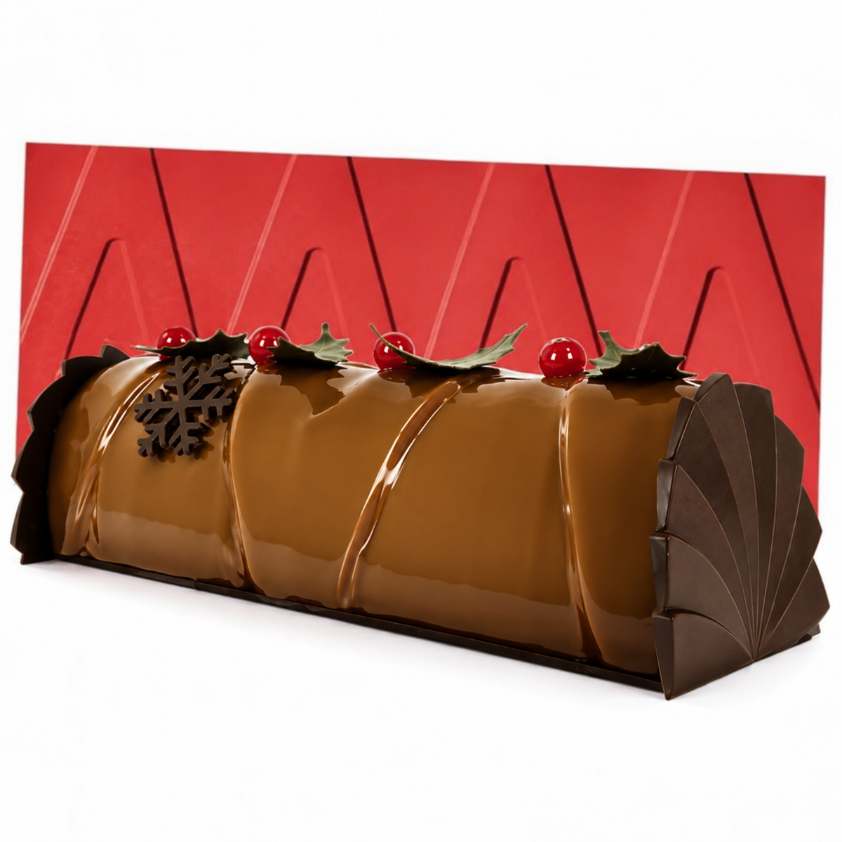 Bûche de Noël au chocolat décorée de feuilles de houx, baies rouges et flocon en chocolat
