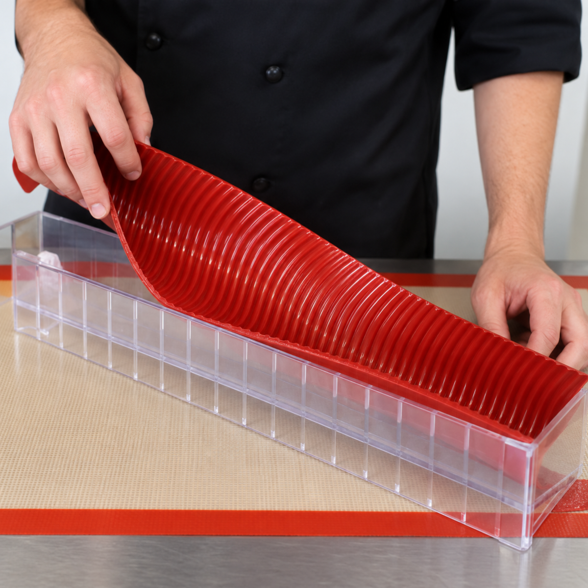 Moule à bûche avec tapis silicone rouge texturé placé dans un support rigide transparent
