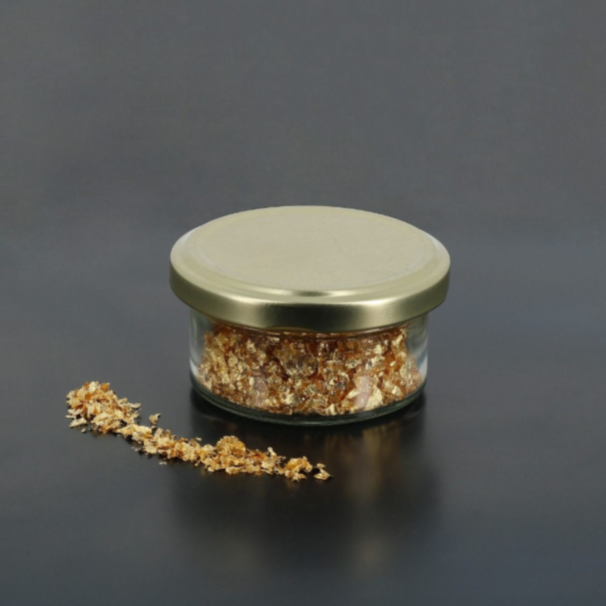 Flocons de feuille d’or alimentaire en pot pour décoration de pâtisseries et desserts
