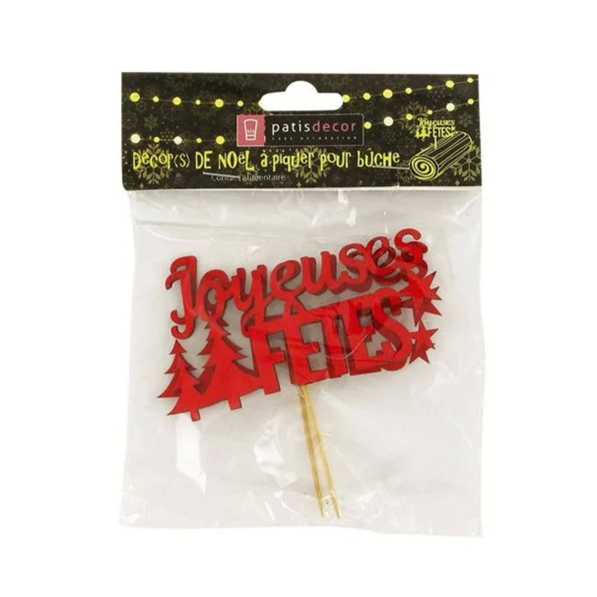 Patisdécor - 2 Décors sur Pique Joyeuses Fêtes Rouges 9 cm