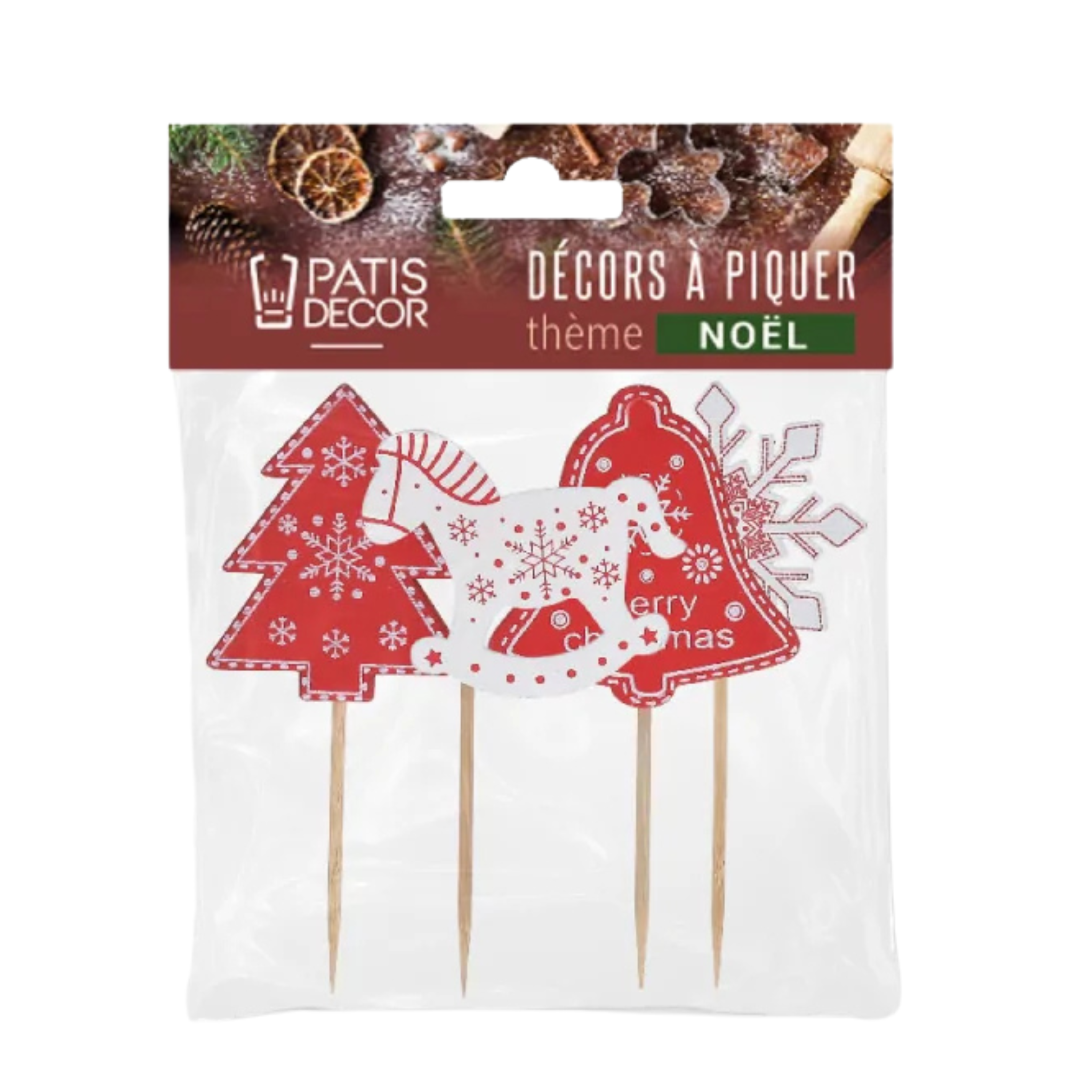 Patisdécor - Lot de 4 Cake Toppers de Noël Rouge et Blanc 10,5 cm