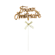 Cake topper doré « Joyeux Anniversaire » avec nœud décoratif pour décoration de gâteau
