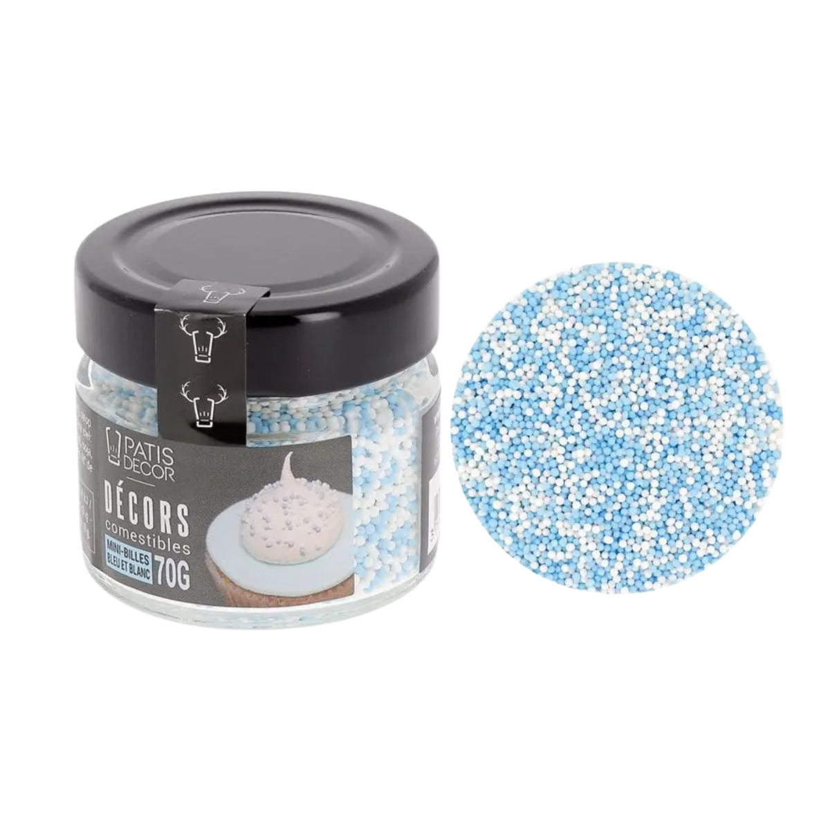 Pot de mini-billes comestibles bleues et blanches Patisdécor