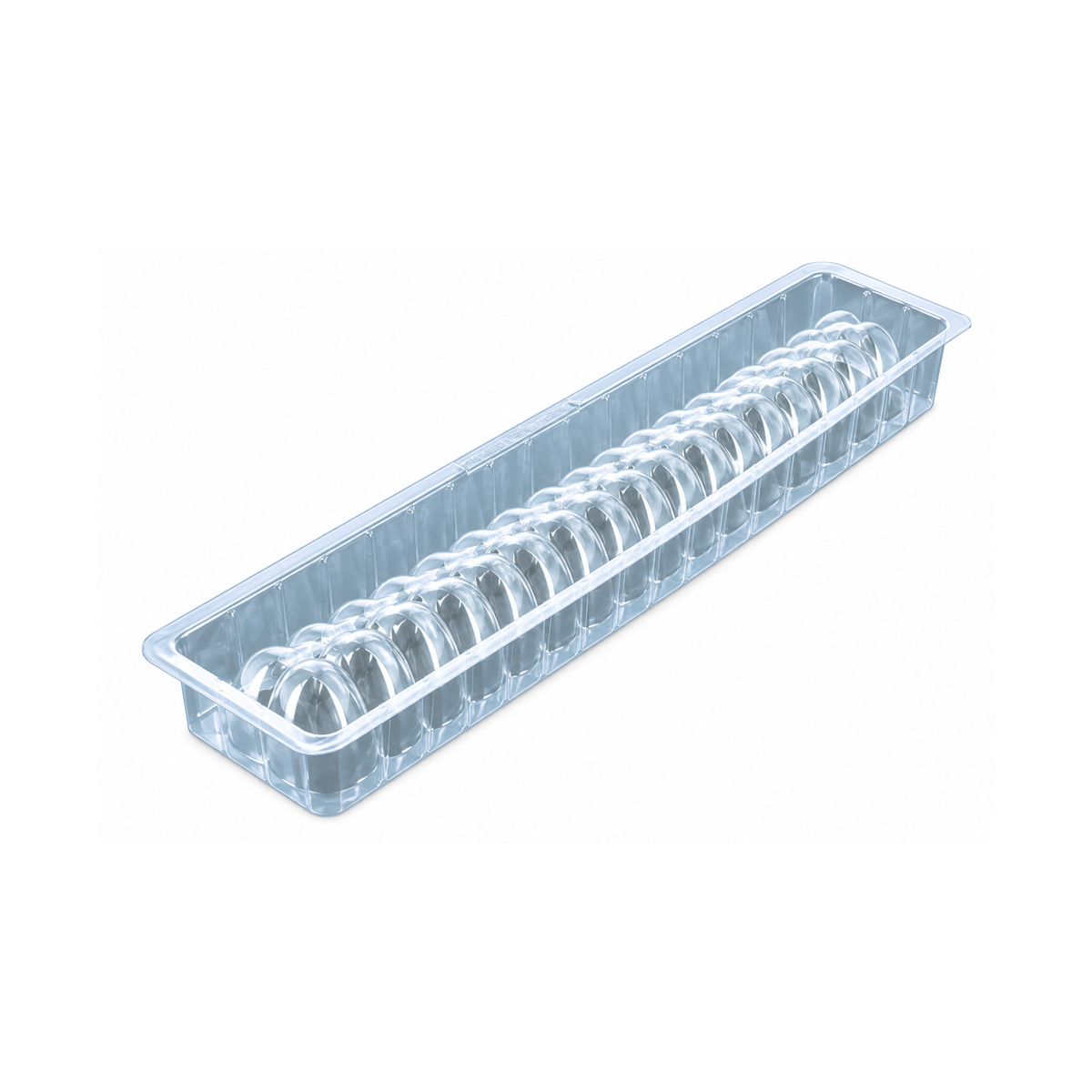 Moule à bûche de Noël transparent en plastique rigide, avec empreinte à reliefs arrondis, vue de dessus