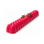 Bûche de Noël rouge au glaçage miroir brillant, avec reliefs arrondis et étoiles en chocolat noir