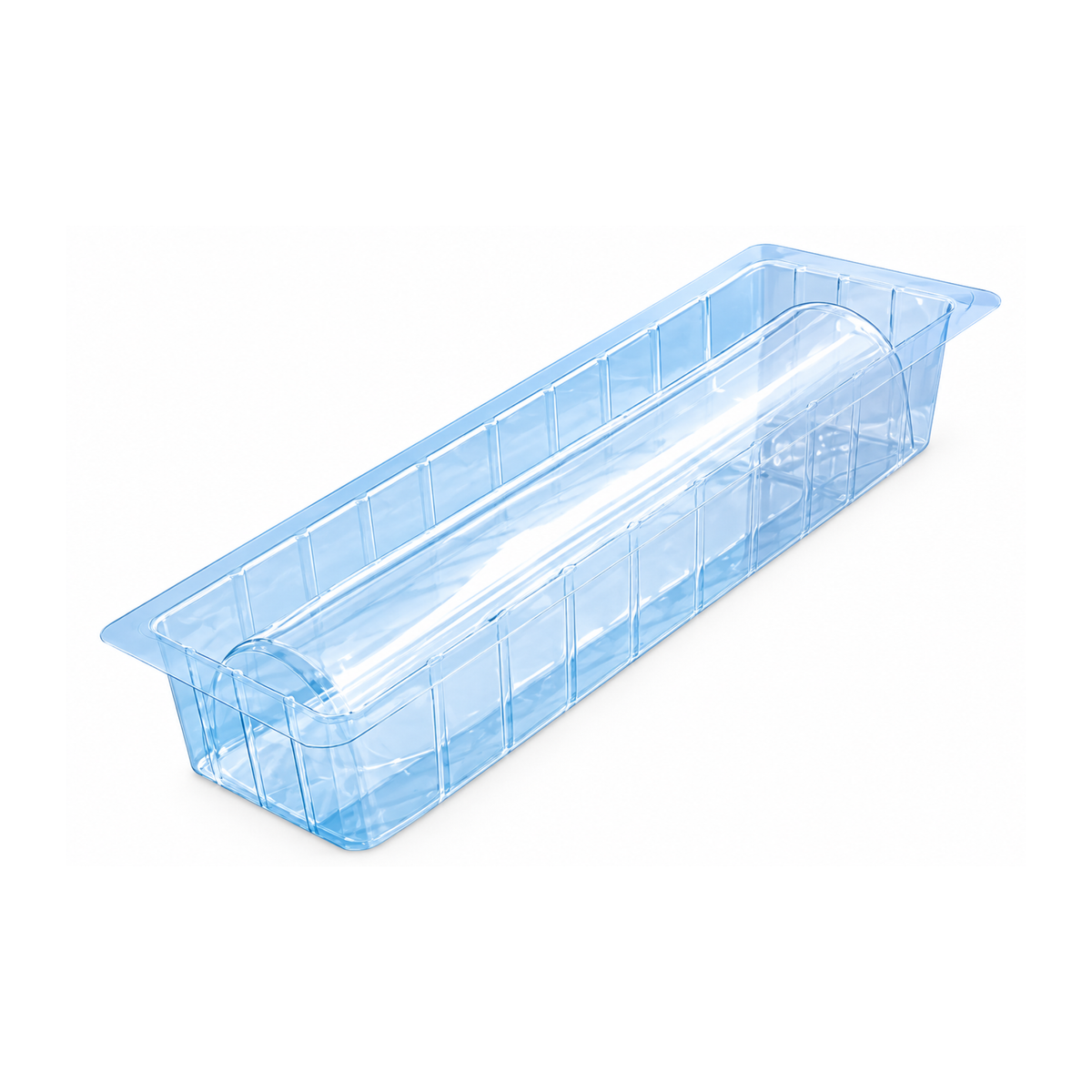 Moule à bûche de Noël court demi-rond en plastique transparent, avec empreinte lisse en forme de demi-cylindre, vue en perspective sur fond blanc.