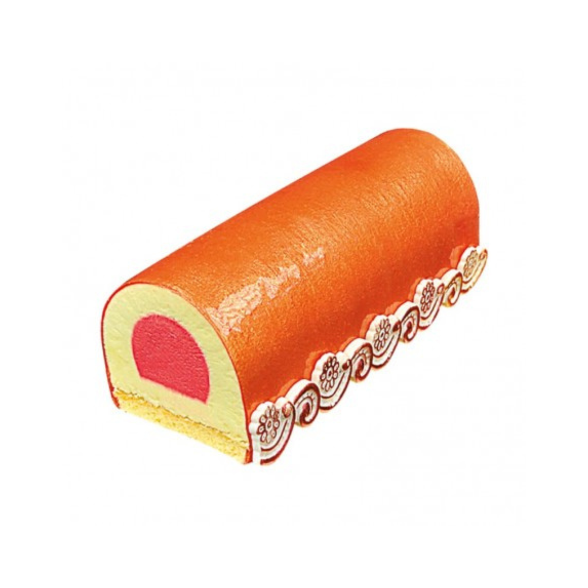Bûche de Noël demi-ronde au glaçage orange brillant, avec mousse jaune, insert rose et biscuit à la base, décorée de motifs en chocolat blanc sur le côté.