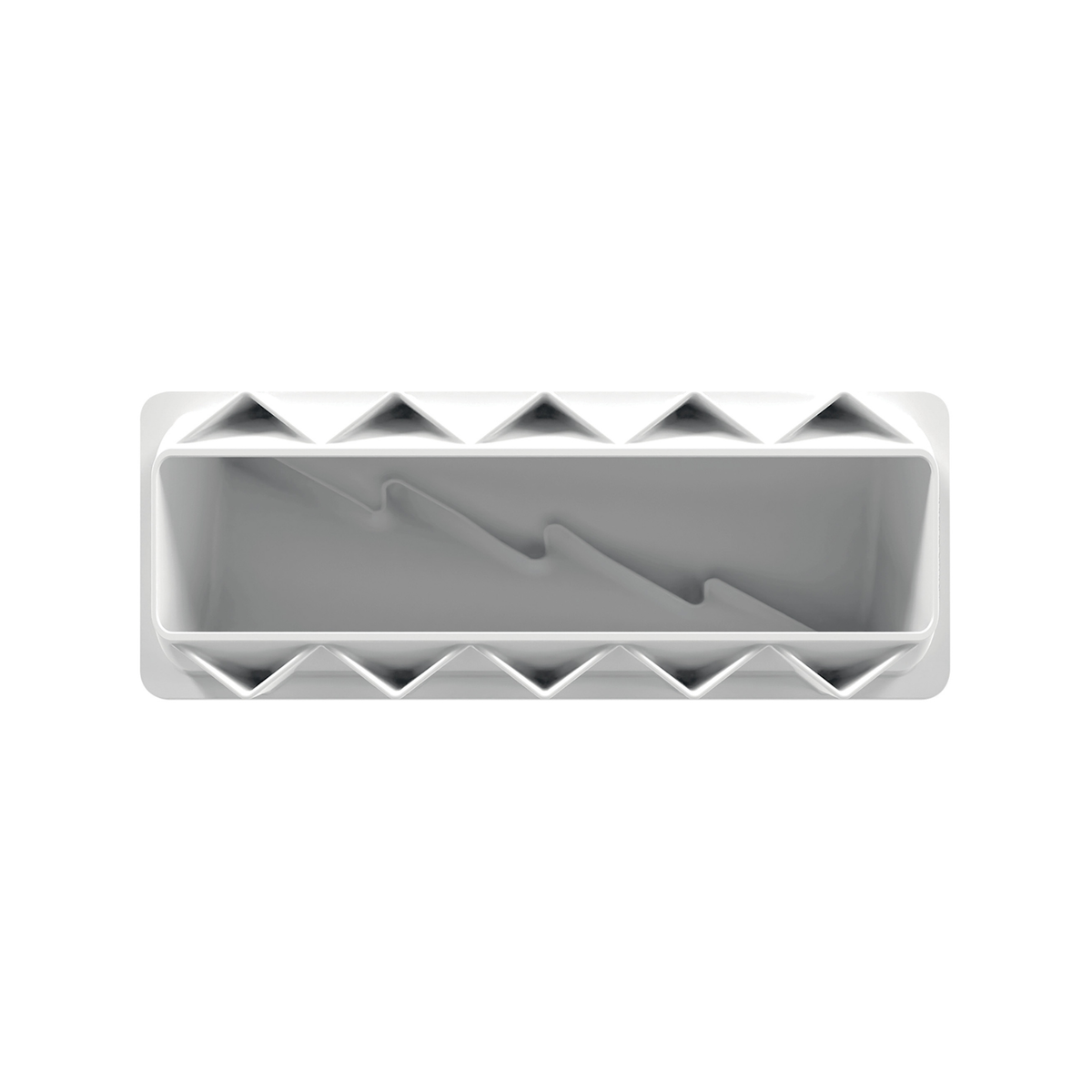 Moule à bûche Noël Silikomart en silicone blanc, de forme rectangulaire allongée, avec reliefs géométriques triangulaires sur les côtés, vue de dessus.