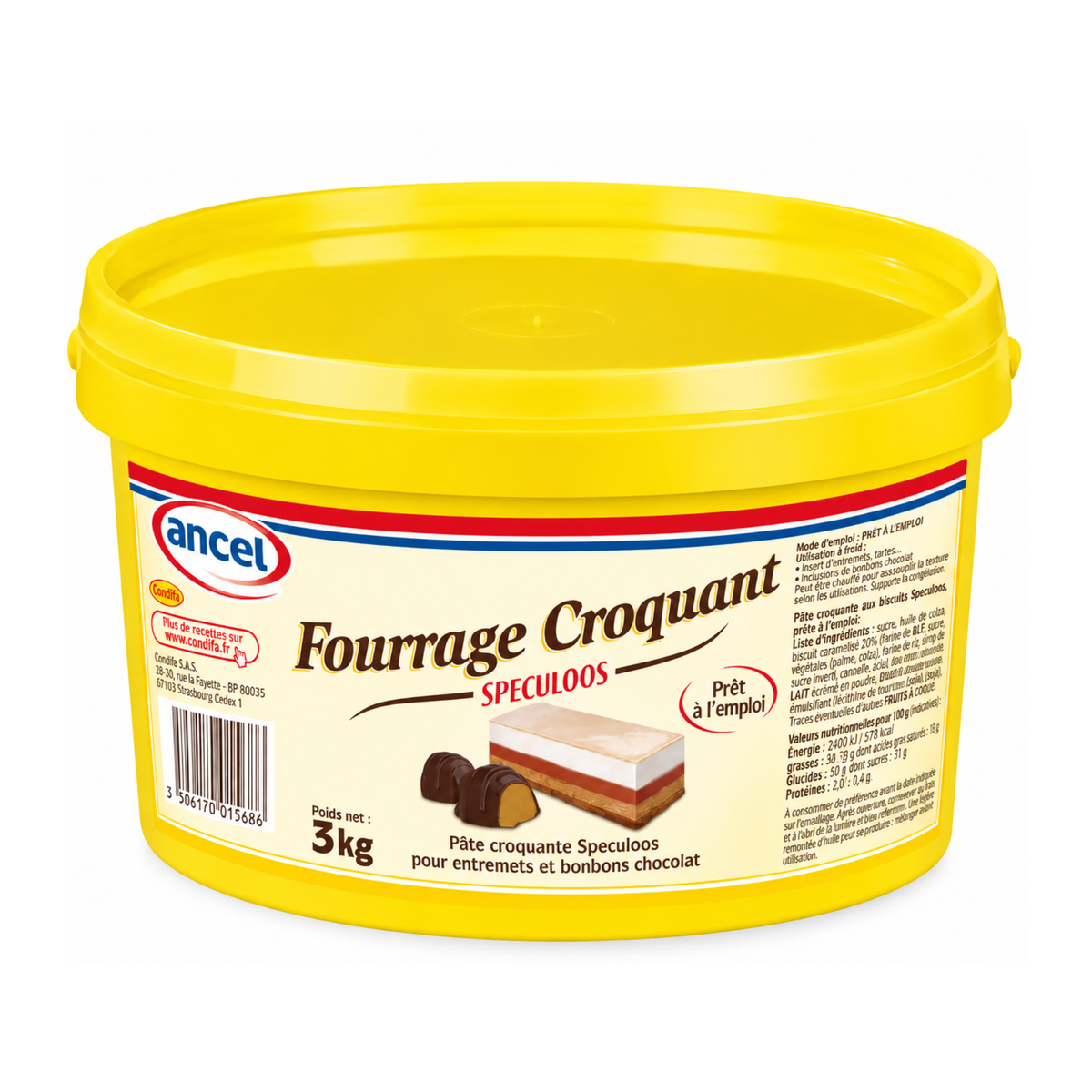 Pot de fourrage croquant Spéculoos Ancel 3 kg, prêt à l'emploi, avec couvercle jaune et étiquette présentant des entremets et bonbons au chocolat, sur fond blanc.