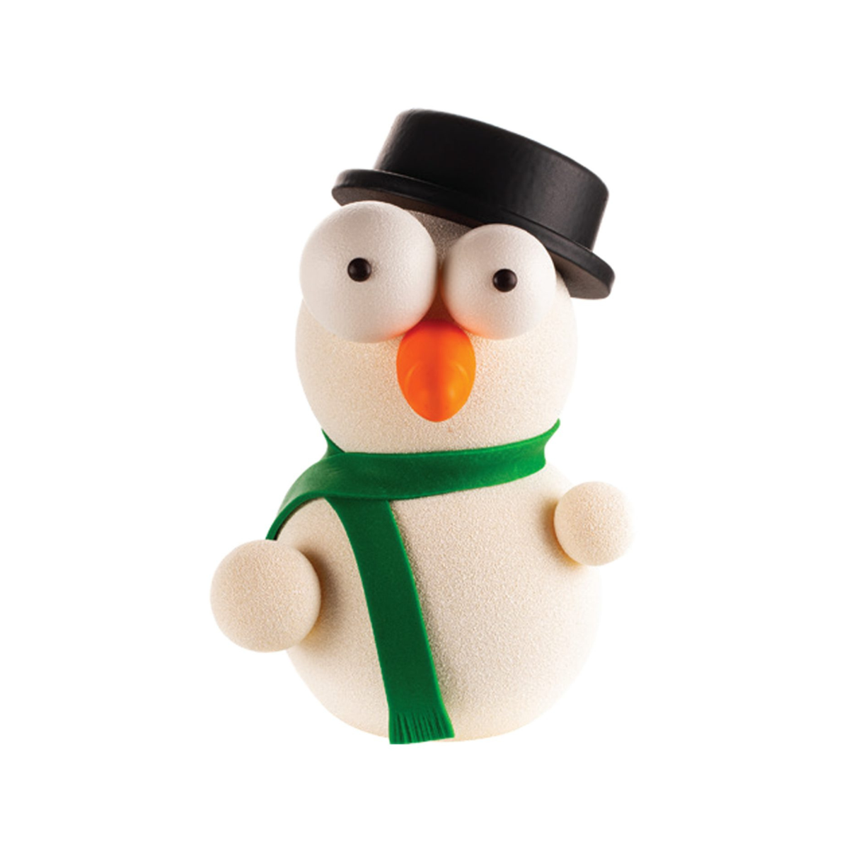 Bonhomme de neige pâtissier blanc avec chapeau noir, écharpe verte, nez orange en forme de carotte et grands yeux ronds.