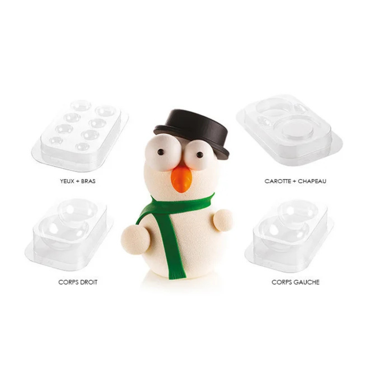 Kit de moules transparents pour bonhomme de neige pâtissier avec quatre moules pour le corps et les accessoires, accompagné du modèle terminé.