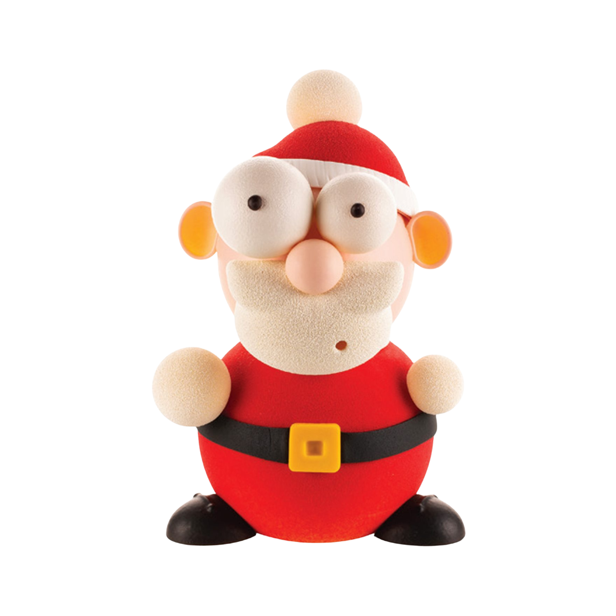 Père Noël en chocolat 3D avec costume rouge, bonnet à pompon, barbe blanche, ceinture noire et chaussures noires, réalisé avec un kit de moules de Noël.