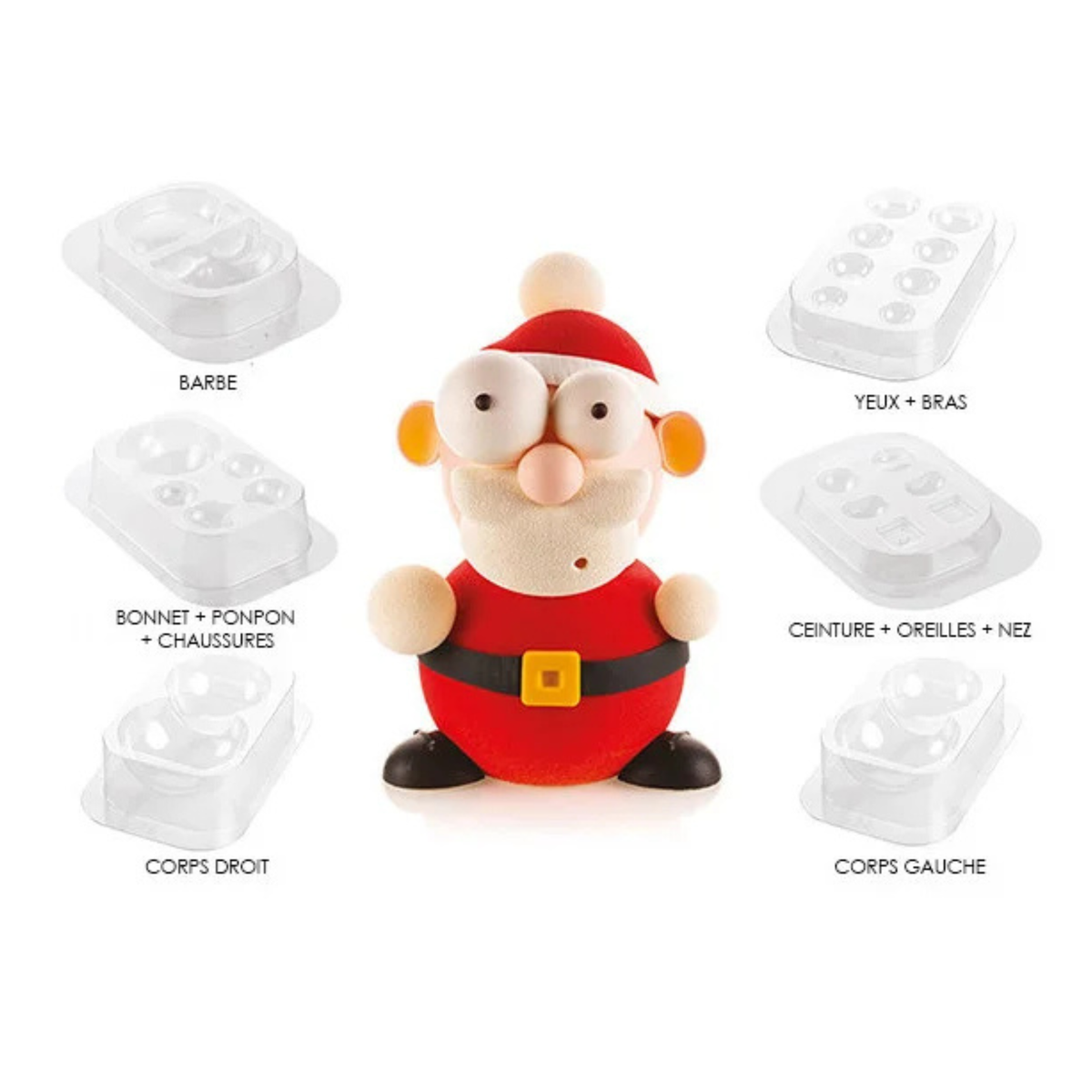 Kit de moules pour Père Noël en chocolat 3D, avec personnage rouge et blanc et six moules transparents pour les différentes parties du corps.