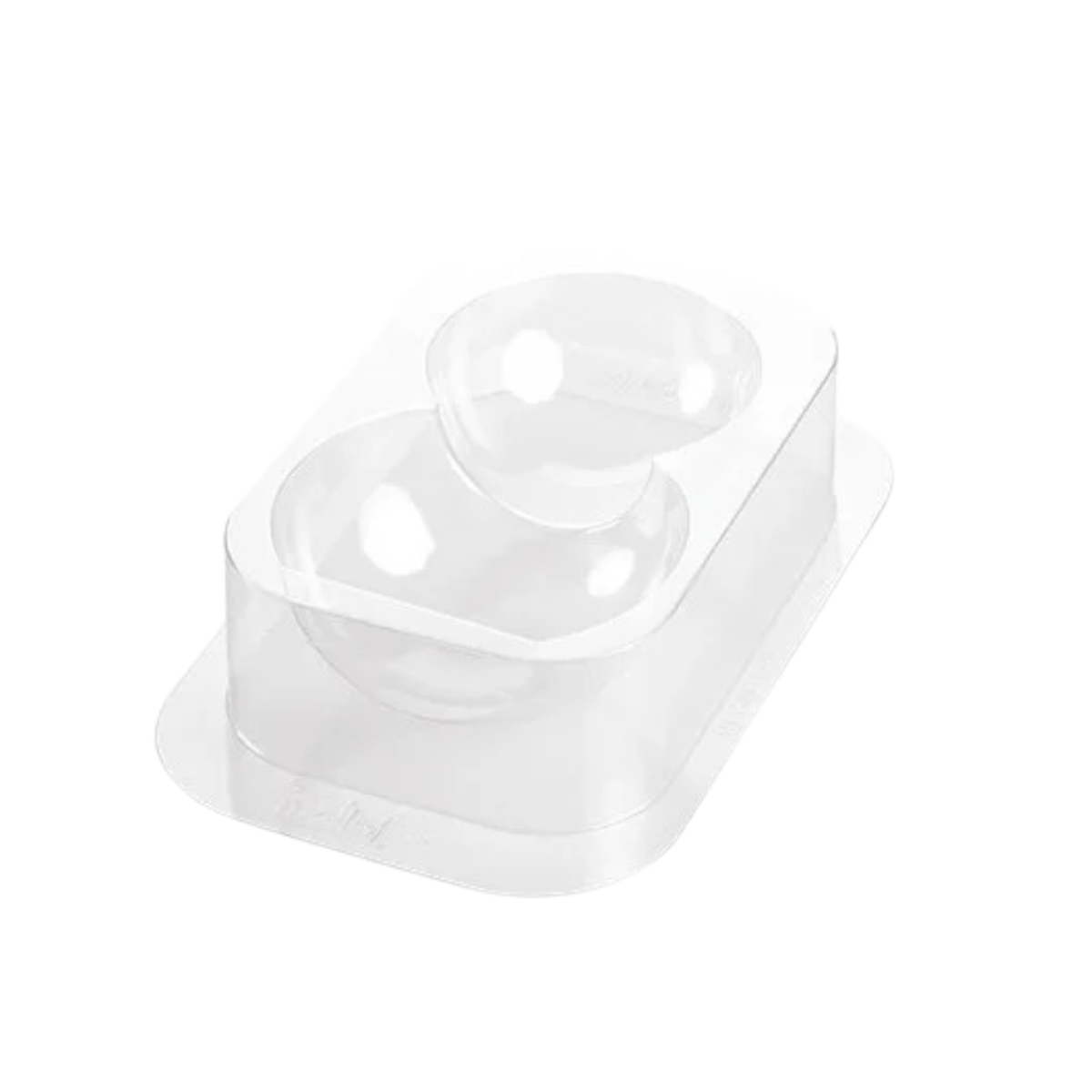 Moule en plastique transparent à deux grandes empreintes arrondies pour former le corps du Père Noël en chocolat 3D.