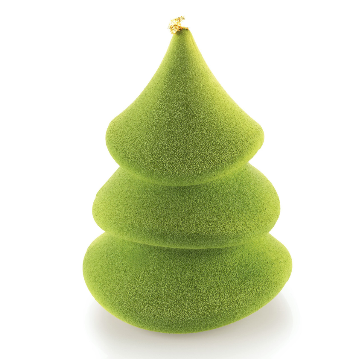 Entremets de Noël en forme de sapin 3D à trois étages, recouvert d'un spray velours vert et décoré d'une touche dorée au sommet.