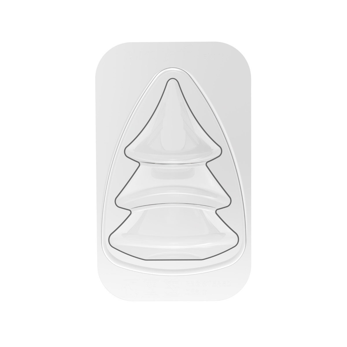 Moule thermoformé transparent Silikomart Winter Joy en forme de sapin de Noël 3D, présenté de dessus sur fond blanc.